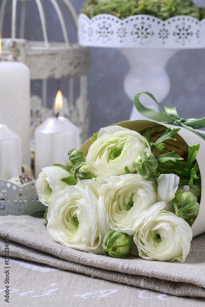 Wall mural Bouquet of white ranunculus flowers