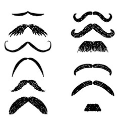 Set of hand drawn mustaches, black silhouettes. Collection of men's mustaches. Vector illustration.