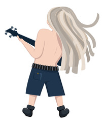 Fototapeta na wymiar Vector illustration of playing rock guitarist from the back. Heavy metal, Rear view of band person, comic cartoon character. Isolated backside view of Handsome blonde musician.