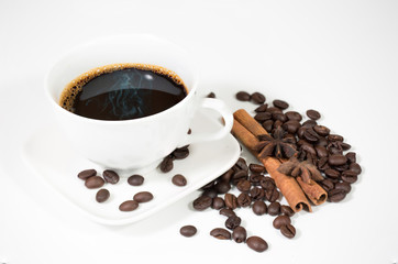 white cup coffee with coffee bean on white background