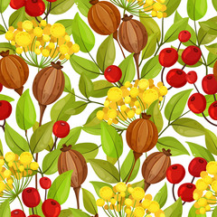 Autumn seamless pattern with green leaves, red berries and poppy boxes
