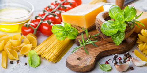 Raw pasta ingredients background