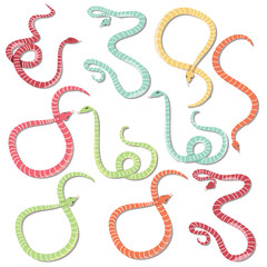 Collection of ten colorful striped snakes hand drawn