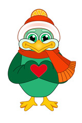 A Cute, Happy Bird Holding a Red Heart, Wearing an Orange Hat and Scarf. White Background.