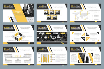 Fototapeta na wymiar Creative set of abstract infographic elements. Modern presentation template with title sheet. Brochure design in yellow, white and gray colors. Vector illustration. City building image. Urban.