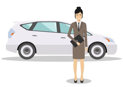 Asian businesswoman standing near the blue car on white background in flat style. Business concept. Detailed illustration of automobile and woman. Flat design people character. Vector illustration.