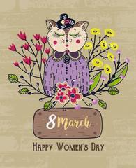 8 march. Happy Women's Day. Colorful greeting background with cute cat in flowers. Spring holiday. Sketch of animal. Card, postcard, invitation or poster. Vector illustration, eps10 © leila_divine