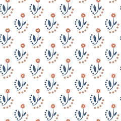 Seamless vector blue flowers with dots and leaves pattern on white background. Endless texture for documents, textile, wrap or wallpaper.