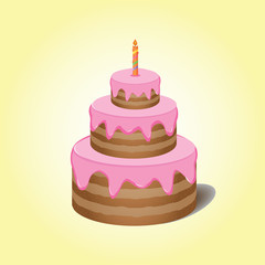 Cake with pink cream with candle on yellow background