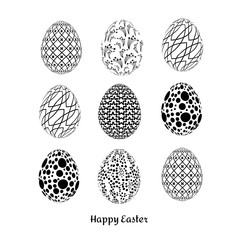 Vector illustration of a set of  Easter eggs ornaments in black color on white background. Good for greeting card.