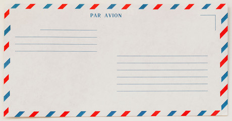 Single white Airmail Envelope Front , for background. Paper texture. With place your text. Concept of postal development, written correspondence