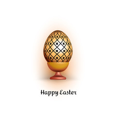 Vector illustration of a shiny golden Easter egg in a stand. Naturally colored egg shell is covered with decorative ornament. Souvenir Easter egg on white background.