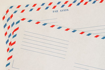 Several classic Airmail Envelope Front. Paper texture. With place your text, background use. Concept of postal development, written correspondence, hobby and business
