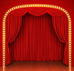Stage with red curtain and lights. 3D rendering - 136238973