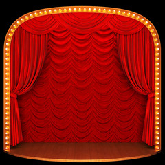 Stage with red curtain and lights. 3D rendering