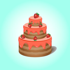 Three floors cake with cream and strawberry on blue background