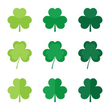 Set, collection of flat design green clover leaves, shamrock. Symbol of St.Patrick's Day.