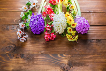 Fresh hyacinth flowers on wooden background. Beautiful idea for greeting cards for Valentine's day, March 8 and mother's day. Free space