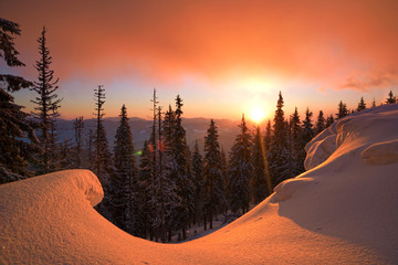 Sunrise in winter Carpathians.