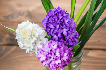 Fresh hyacinth flowers on wooden background. Beautiful idea for greeting cards for Valentine's day, March 8 and mother's day