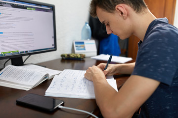 Obraz na płótnie Canvas Teenager doing homework with computer