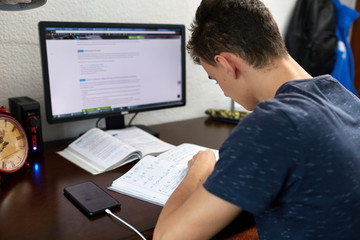 Teenager doing homework with computer