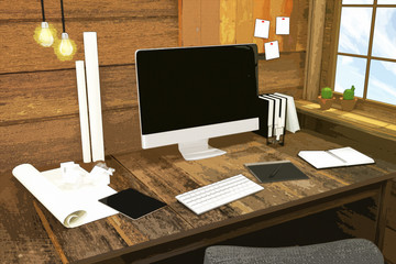 3D Rendering : illustration of modern creative workplace.PC monitor on wooden table and wooden room. glass window with sunlight shining from the outside.filtered image to comic halftone