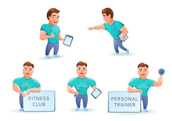 Personal fitness trainer set. Cartoon characters. Vector illustration