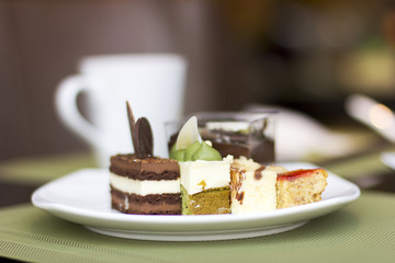 Dessert on a plate. Delicious sweet dessert. Refreshments. Souffle and cakes on a white plate