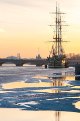 View of the frigate at sunset © olgavisavi