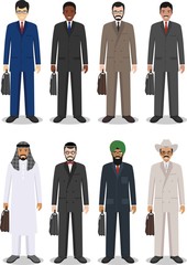 Business team and teamwork concept. Set of different detailed illustration of businessmen in flat style on white background. Different nationalities and dress styles. Vector illustration.