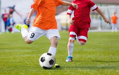 Football Soccer Match for Children. Kids Playing Soccer Game Tournament. Boys Running and Kicking Football. Youth Soccer Footballers Competition