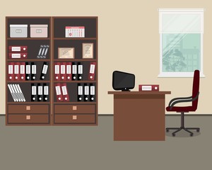 Workplace of office worker. There is a table, a burgundy chair, two cabinets with folders and other objects in the picture. Vector flat illustration
