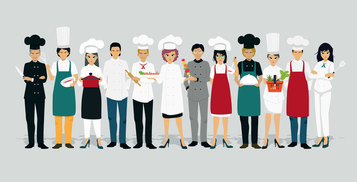 Chef men and women in uniform with gray background.