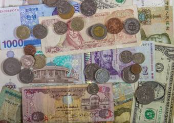 Colorful old background World Paper Money of different countries