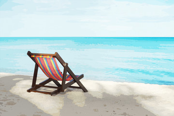 portrait of a beach chair on a white sand beach with bluesky and blue sea in background,selective focus,filtered image,rest moment,time to rest,perfect time. filtered image to comic halftone