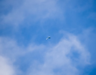 The fighter in the blue sky. Flying an airplane
