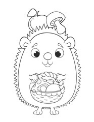 Cute cartoon hedgehog with basket, apples and mushrooms. Coloring version