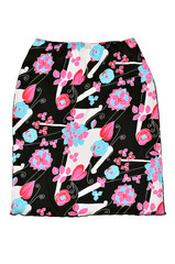 Floral skirt isolated on white background.Black short skirt with pink and blue flowers cut out on white.