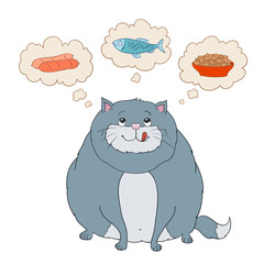 Funny cartoon fat cat thinking about sausage, fish, food. vector