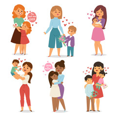Mother and children with flower bouquet. Mothers and womans day vector.