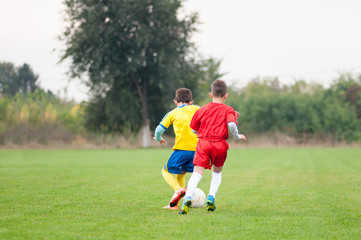 Young soccer players in the duel for the ball