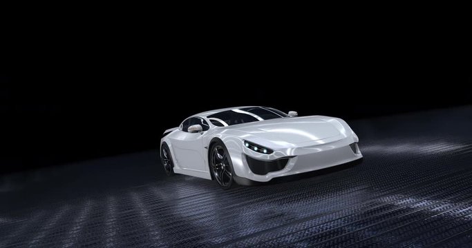 White sports car moving on metal surface at night with headlights on