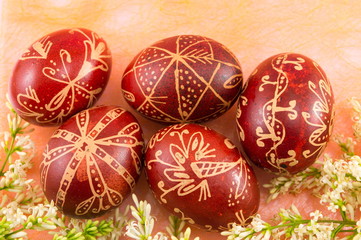 Wax colored Easter eggs and white flowers