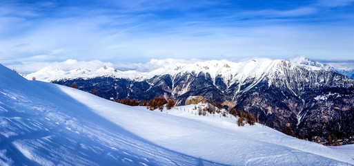 Outstanding panorama in the french Alps near a ski resort.