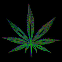 Leaf of marijuana made in blue green red colors on black background