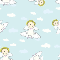 Seamless vector pattern texture angel in the clouds