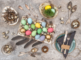 Easter eggs Table decoration Flat lay Top view