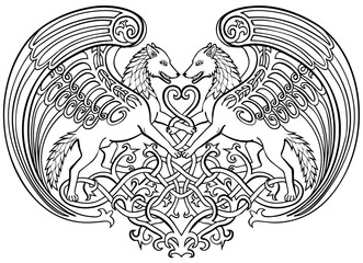 Vector illustration of angel wolves in love celtic ornament black and white