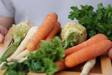 Male holding a bucket of fresh organic vegetables close up